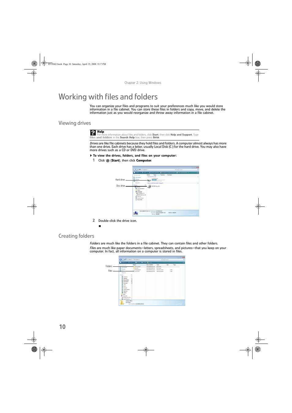 Working with files and folders, Viewing drives, Creating folders | Viewing drives creating folders | eMachines 8513042 User Manual | Page 16 / 96