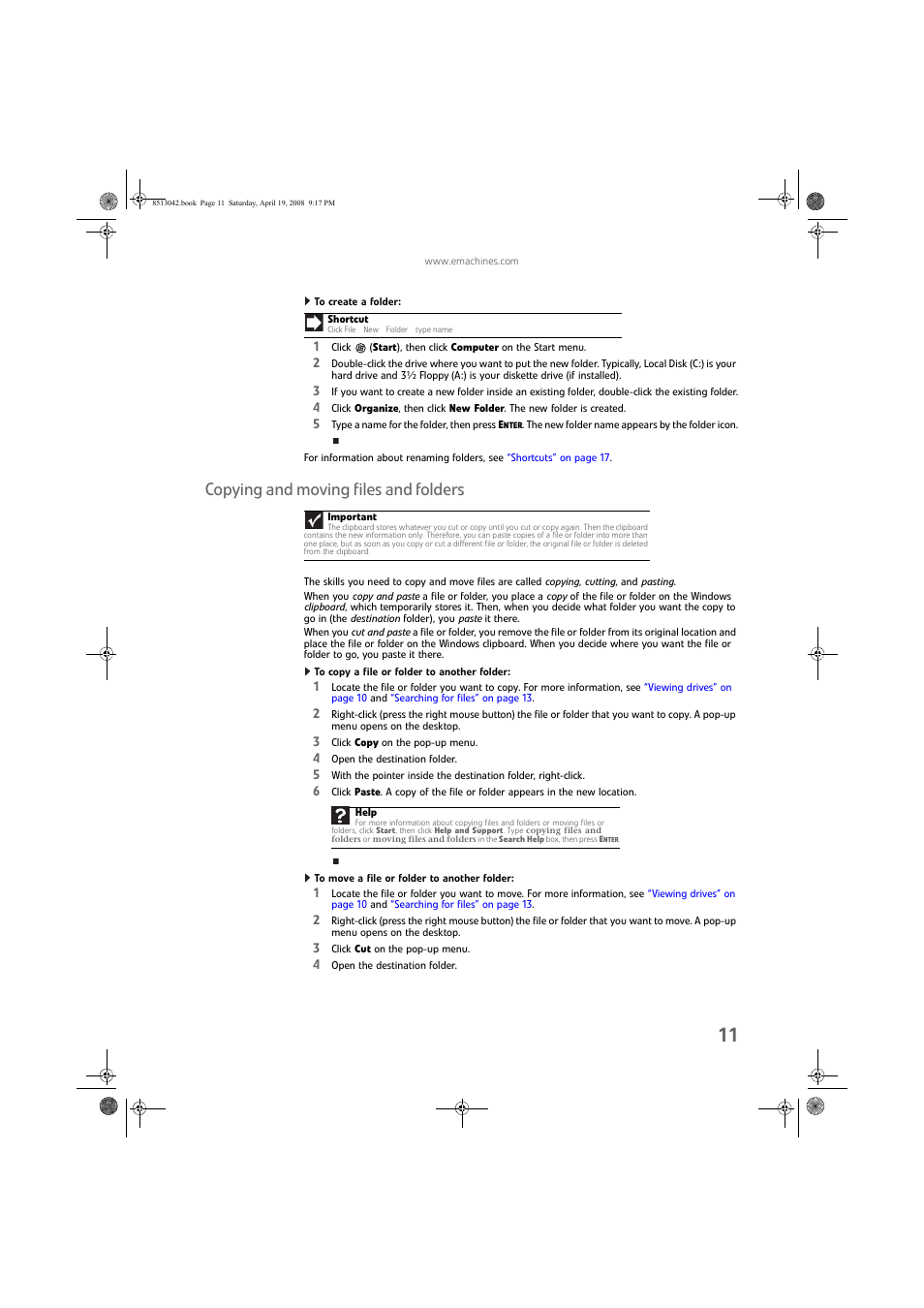 To create a folder, Copying and moving files and folders, To copy a file or folder to another folder | To move a file or folder to another folder | eMachines 8513042 User Manual | Page 17 / 96