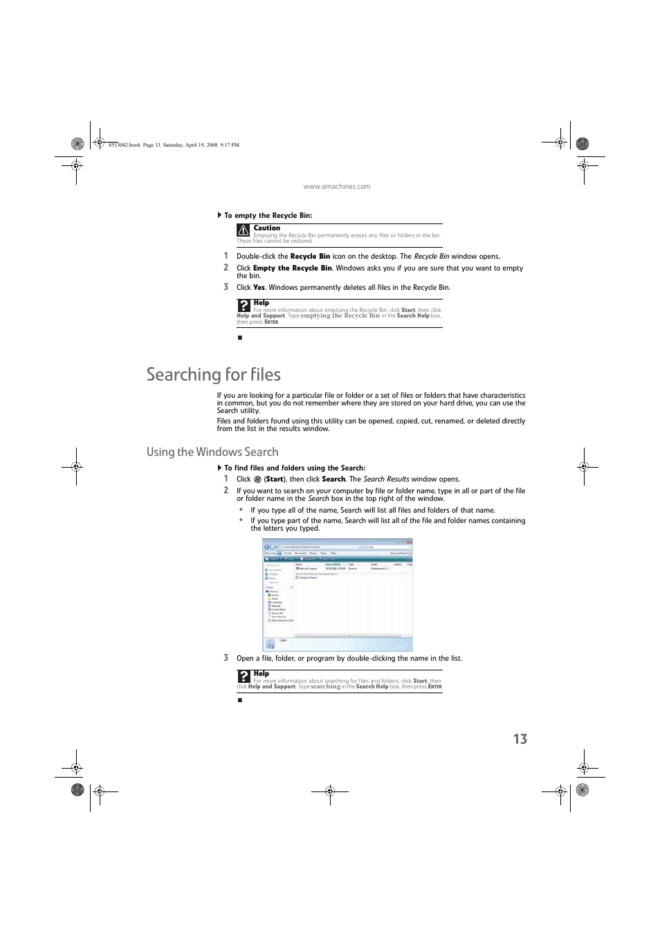 To empty the recycle bin, Searching for files, Using the windows search | To find files and folders using the search | eMachines 8513042 User Manual | Page 19 / 96