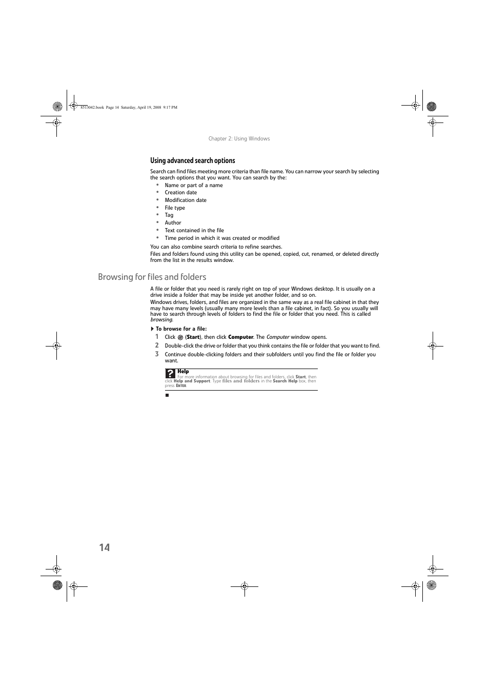 Using advanced search options, Browsing for files and folders, To browse for a file | eMachines 8513042 User Manual | Page 20 / 96