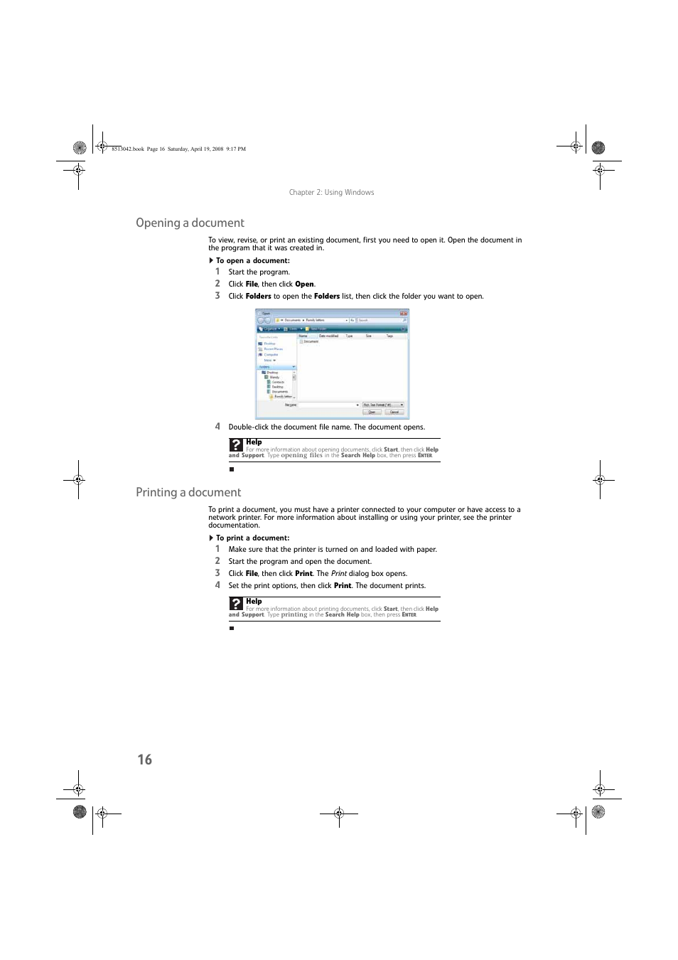 Opening a document, To open a document, Printing a document | To print a document, Opening a document printing a document | eMachines 8513042 User Manual | Page 22 / 96