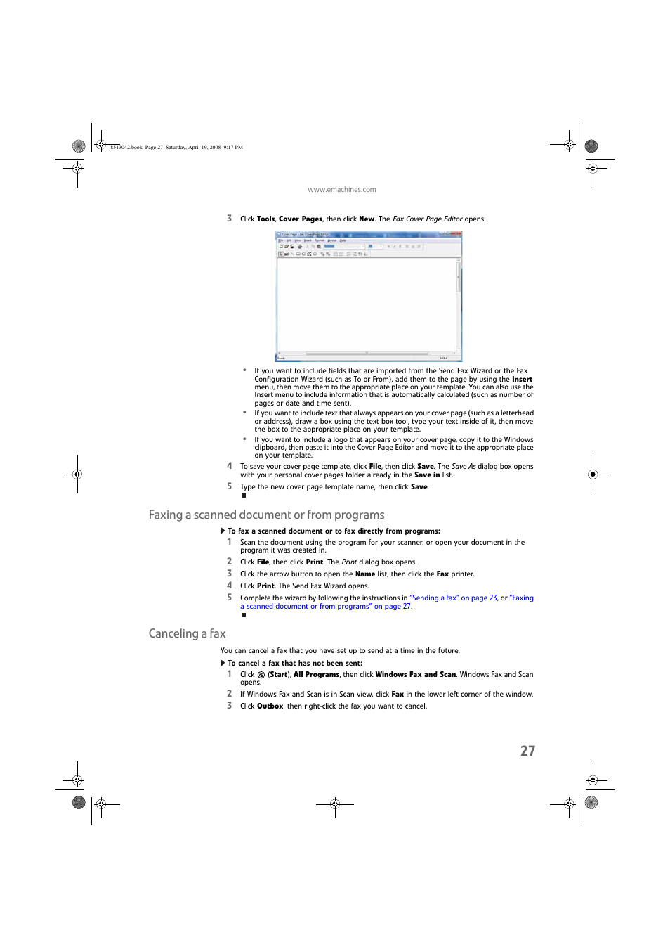 Faxing a scanned document or from programs, Canceling a fax, To cancel a fax that has not been sent | eMachines 8513042 User Manual | Page 33 / 96