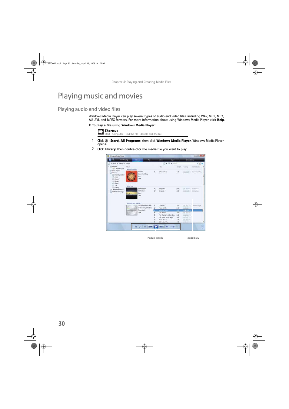 Playing music and movies, Playing audio and video files, To play a file using windows media player | eMachines 8513042 User Manual | Page 36 / 96