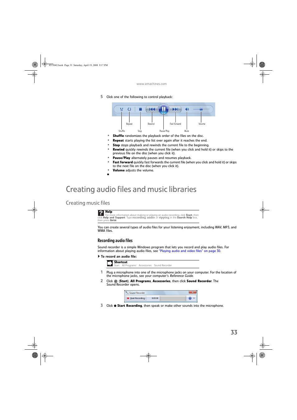 Creating audio files and music libraries, Creating music files, Recording audio files | To record an audio file | eMachines 8513042 User Manual | Page 39 / 96