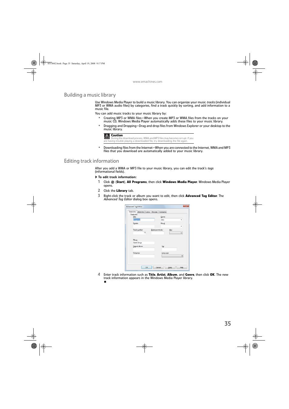 Building a music library, Editing track information, To edit track information | Building a music library editing track information | eMachines 8513042 User Manual | Page 41 / 96