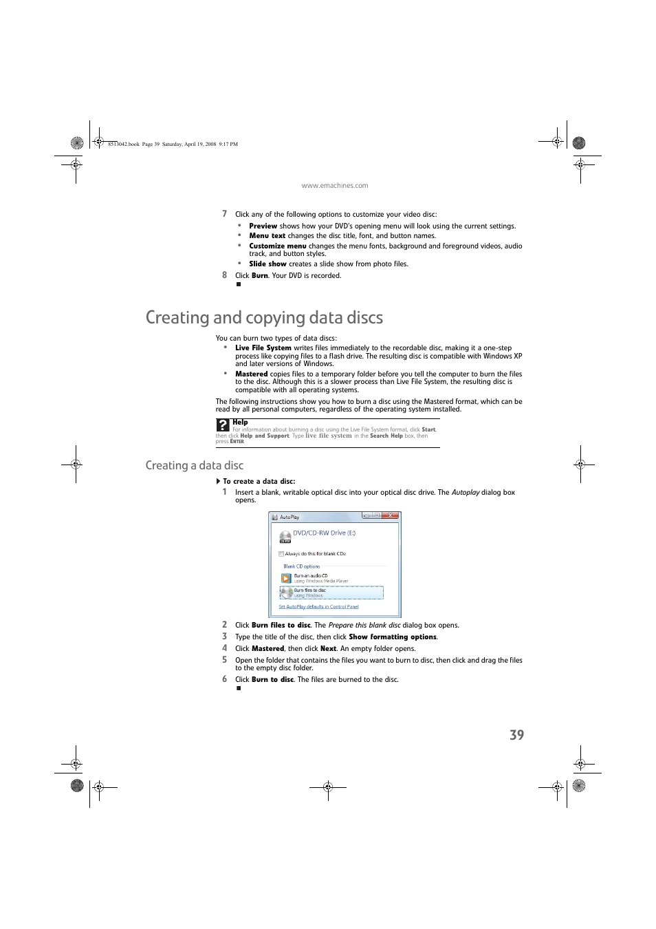 Creating and copying data discs, Creating a data disc, To create a data disc | eMachines 8513042 User Manual | Page 45 / 96