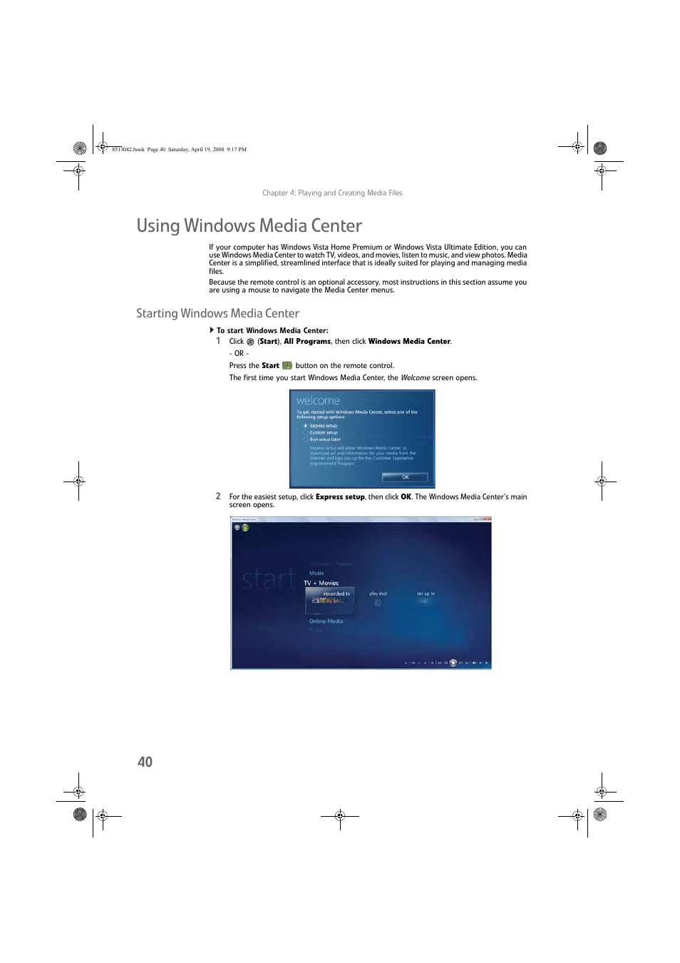 Using windows media center, Starting windows media center, To start windows media center | eMachines 8513042 User Manual | Page 46 / 96