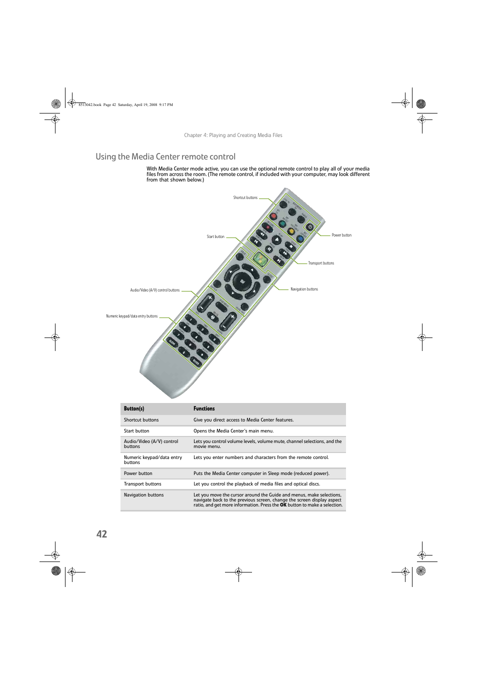 Using the media center remote control | eMachines 8513042 User Manual | Page 48 / 96