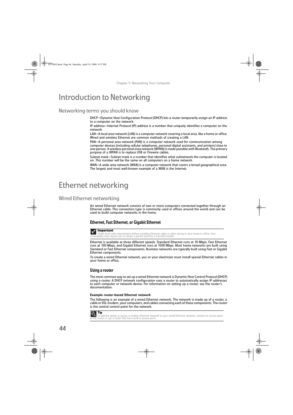 Introduction to networking, Networking terms you should know, Ethernet networking | Wired ethernet networking, Ethernet, fast ethernet, or gigabit ethernet, Using a router, Example router-based ethernet network | eMachines 8513042 User Manual | Page 50 / 96