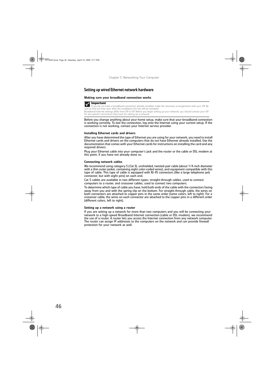 Setting up wired ethernet network hardware, Making sure your broadband connection works, Installing ethernet cards and drivers | Connecting network cables, Setting up a network using a router | eMachines 8513042 User Manual | Page 52 / 96