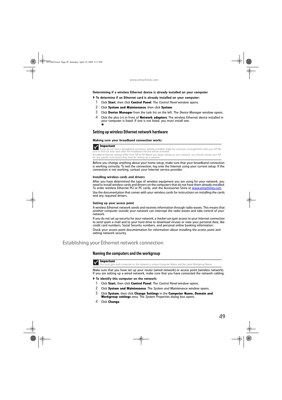 Setting up wireless ethernet network hardware, Making sure your broadband connection works, Installing wireless cards and drivers | Setting up your access point, Establishing your ethernet network connection, Naming the computers and the workgroup, To identify this computer on the network | eMachines 8513042 User Manual | Page 55 / 96