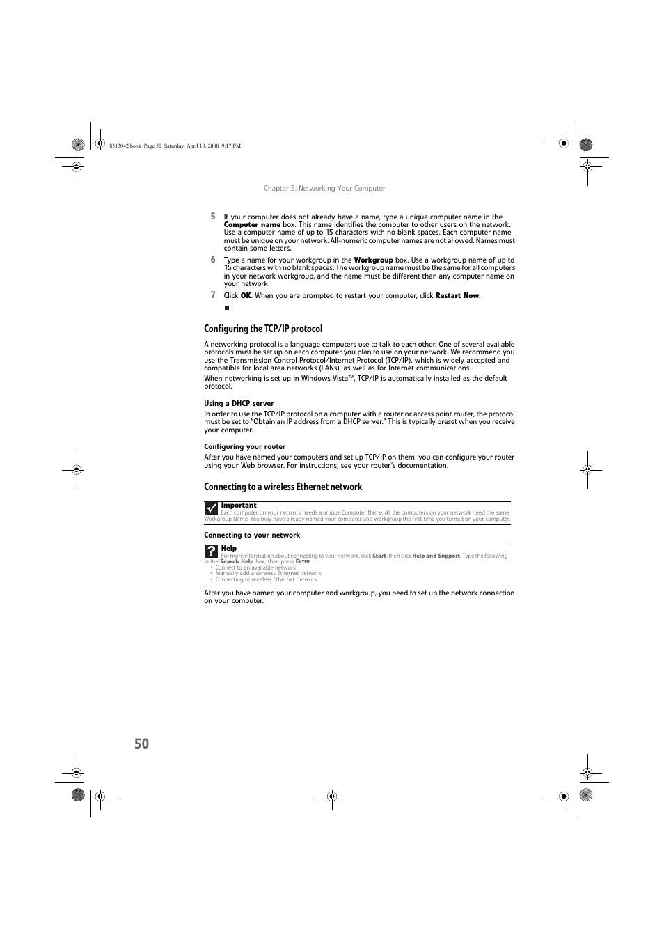 Configuring the tcp/ip protocol, Using a dhcp server, Configuring your router | Connecting to a wireless ethernet network, Connecting to your network | eMachines 8513042 User Manual | Page 56 / 96