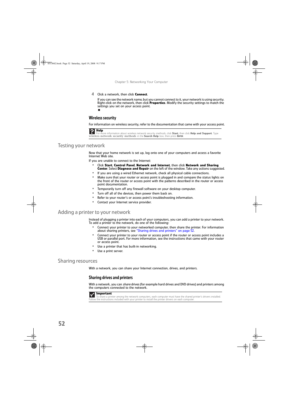 Wireless security, Testing your network, Adding a printer to your network | Sharing resources, Sharing drives and printers | eMachines 8513042 User Manual | Page 58 / 96