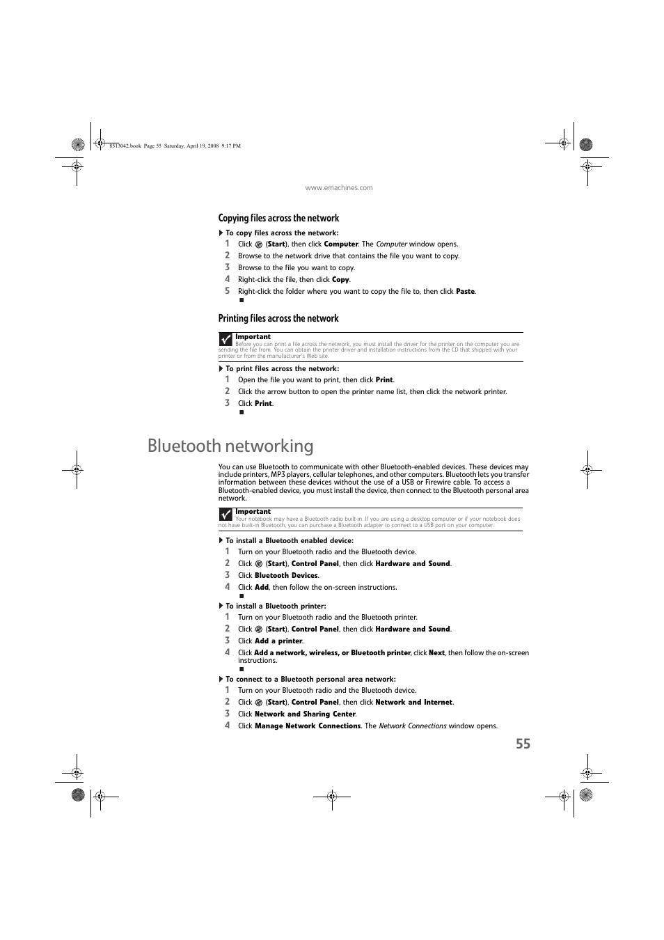 Copying files across the network, To copy files across the network, Printing files across the network | To print files across the network, Bluetooth networking, To install a bluetooth enabled device, To install a bluetooth printer, To connect to a bluetooth personal area network | eMachines 8513042 User Manual | Page 61 / 96