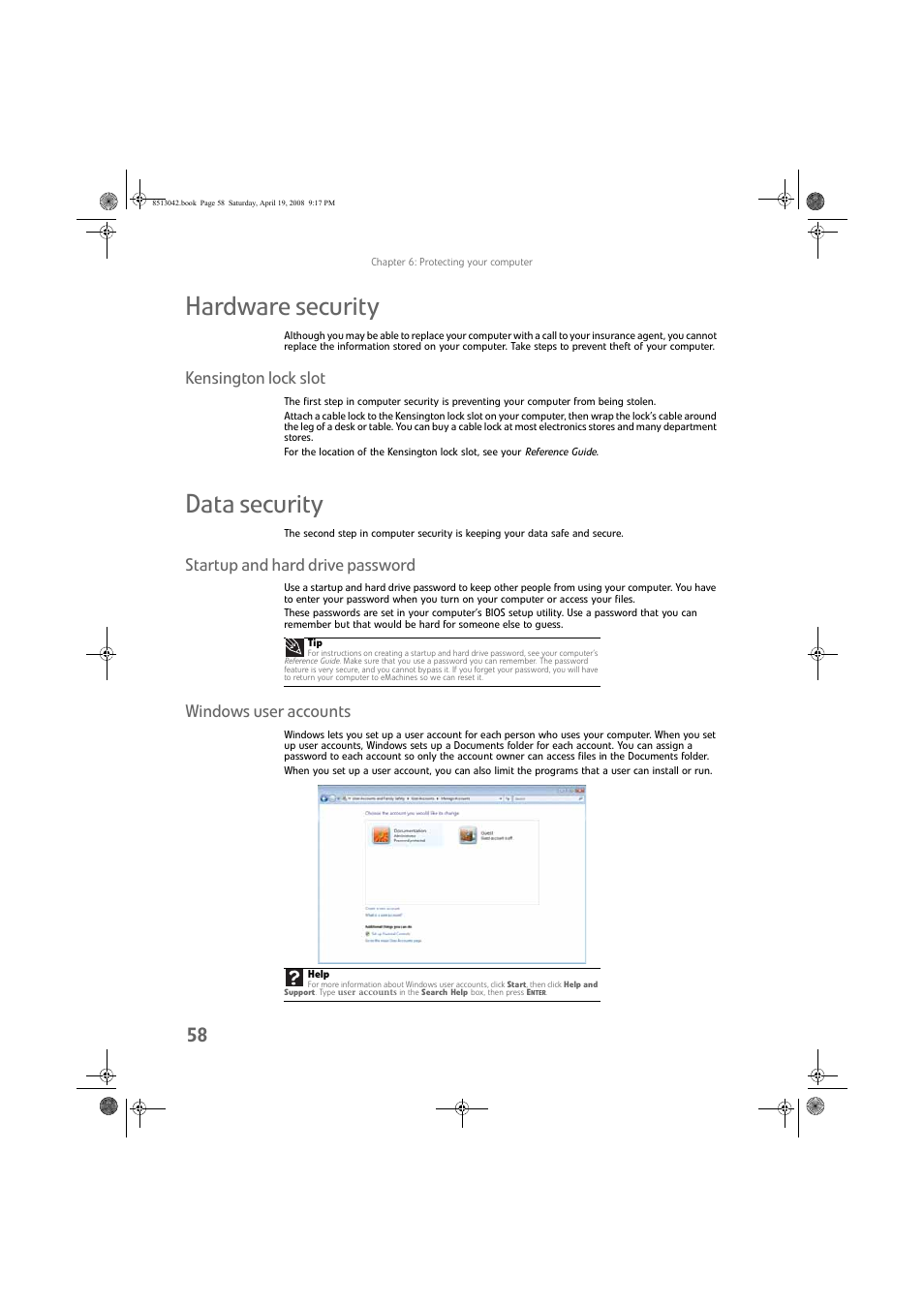 Hardware security, Kensington lock slot, Data security | Startup and hard drive password, Windows user accounts | eMachines 8513042 User Manual | Page 64 / 96