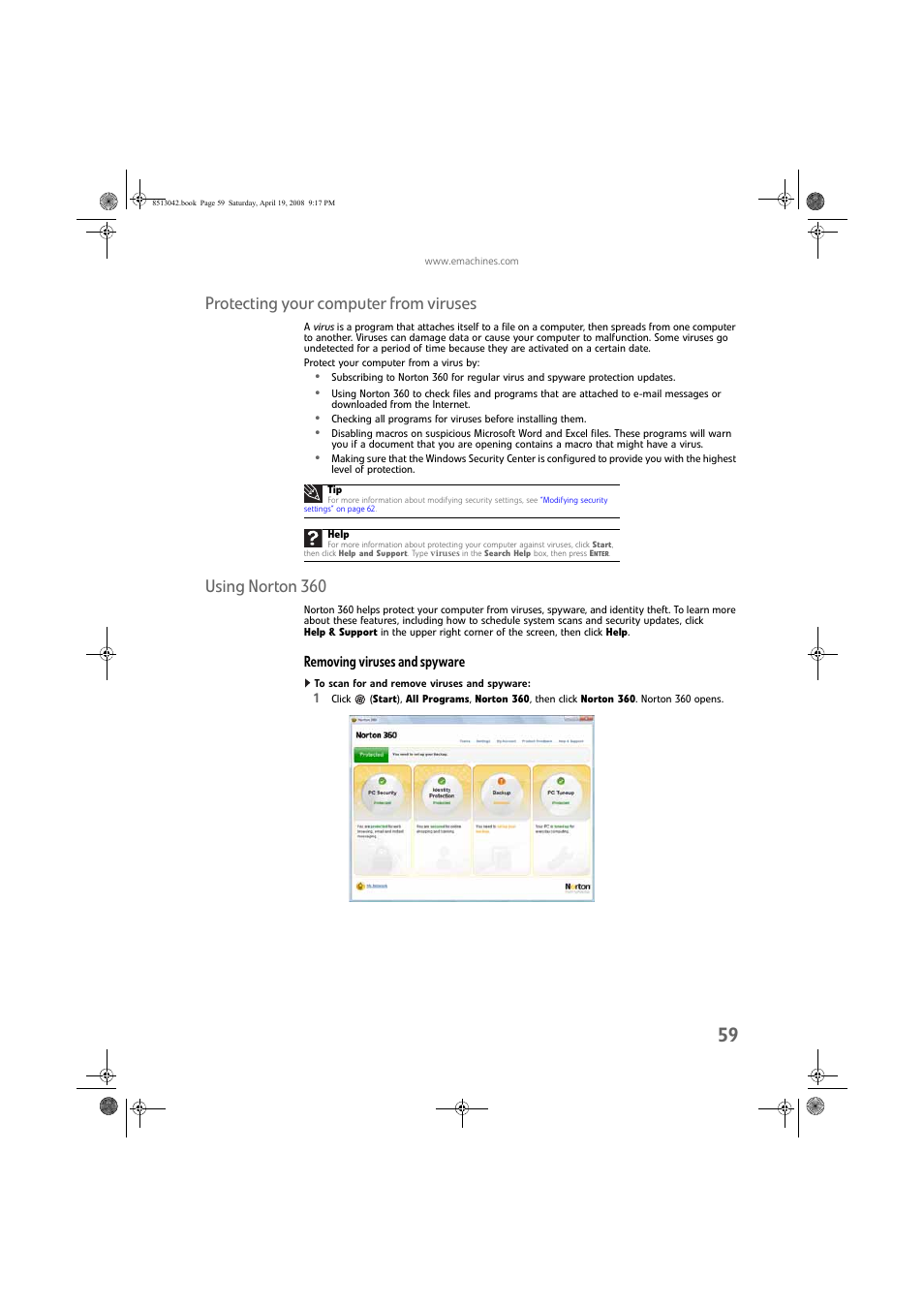 Protecting your computer from viruses, Using norton 360, Removing viruses and spyware | To scan for and remove viruses and spyware | eMachines 8513042 User Manual | Page 65 / 96