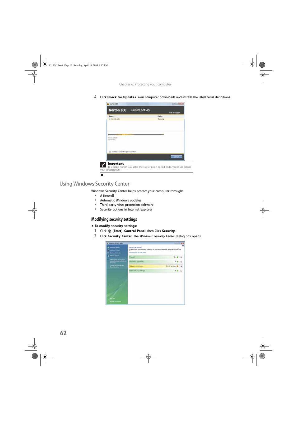 Using windows security center, Modifying security settings, To modify security settings | eMachines 8513042 User Manual | Page 68 / 96