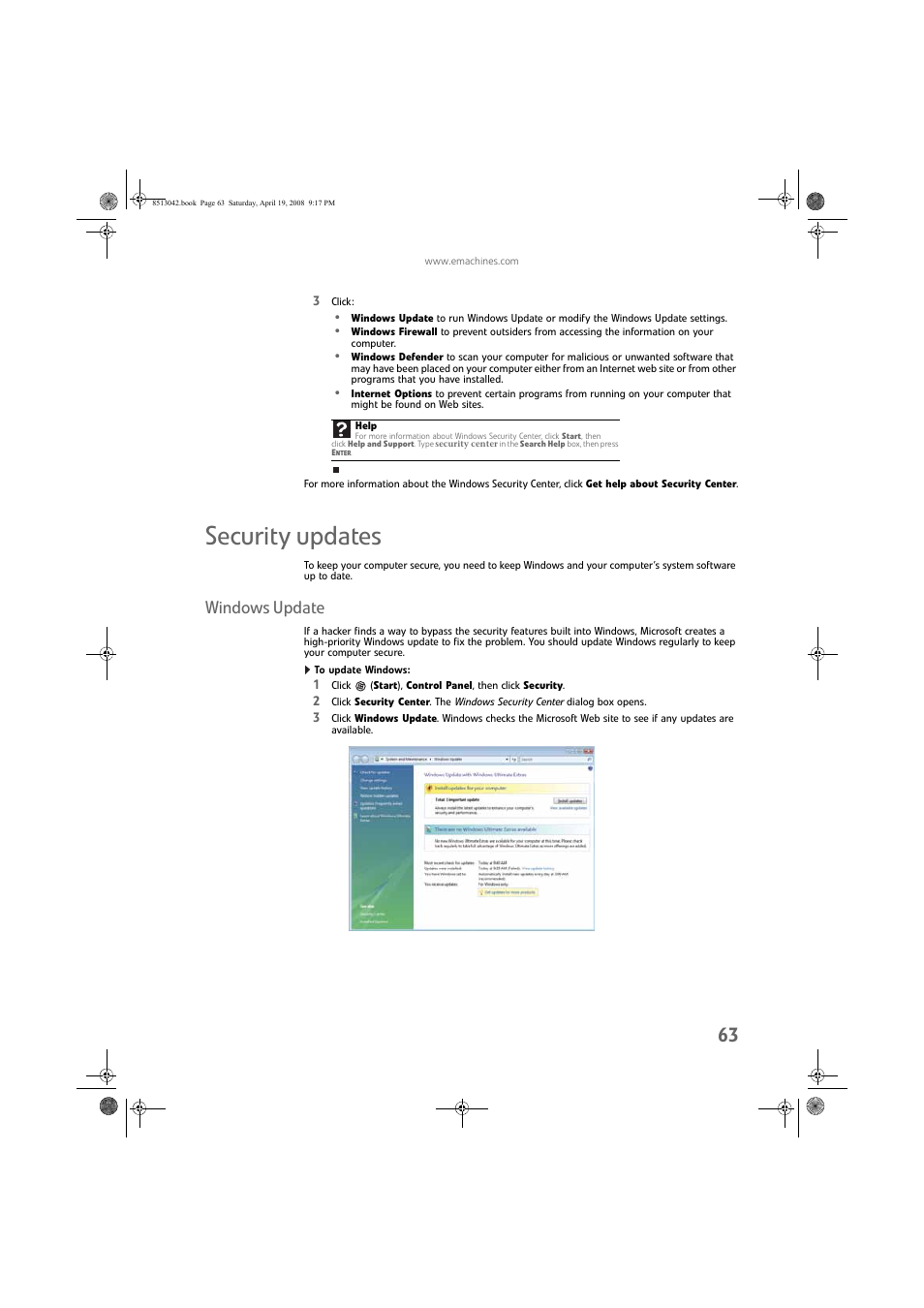 Security updates, Windows update, To update windows | eMachines 8513042 User Manual | Page 69 / 96