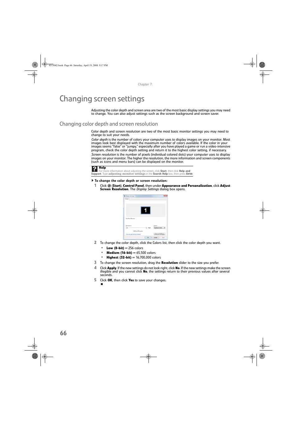 Changing screen settings, Changing color depth and screen resolution, To change the color depth or screen resolution | eMachines 8513042 User Manual | Page 72 / 96