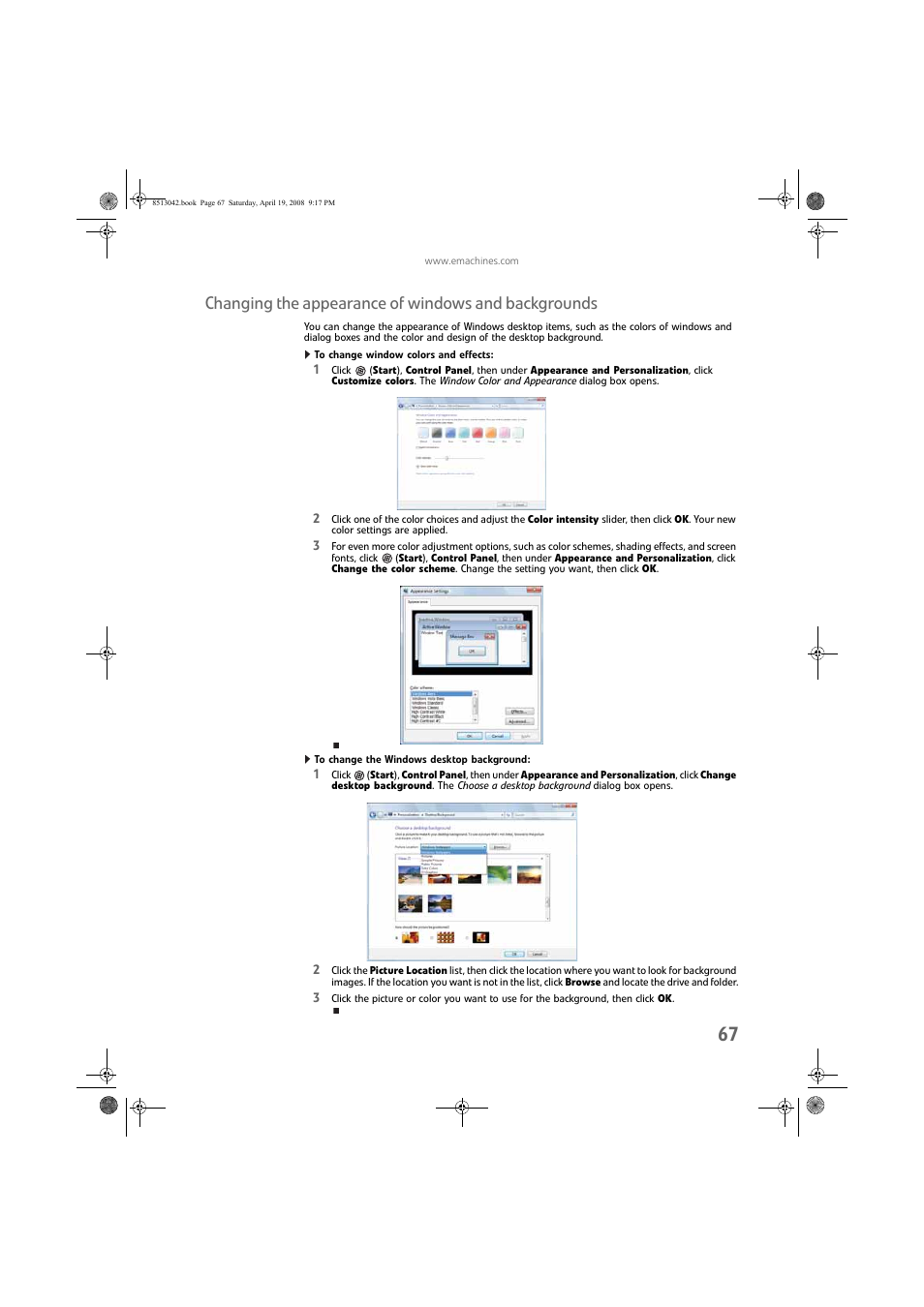 Changing the appearance of windows and backgrounds, To change window colors and effects, To change the windows desktop background | eMachines 8513042 User Manual | Page 73 / 96