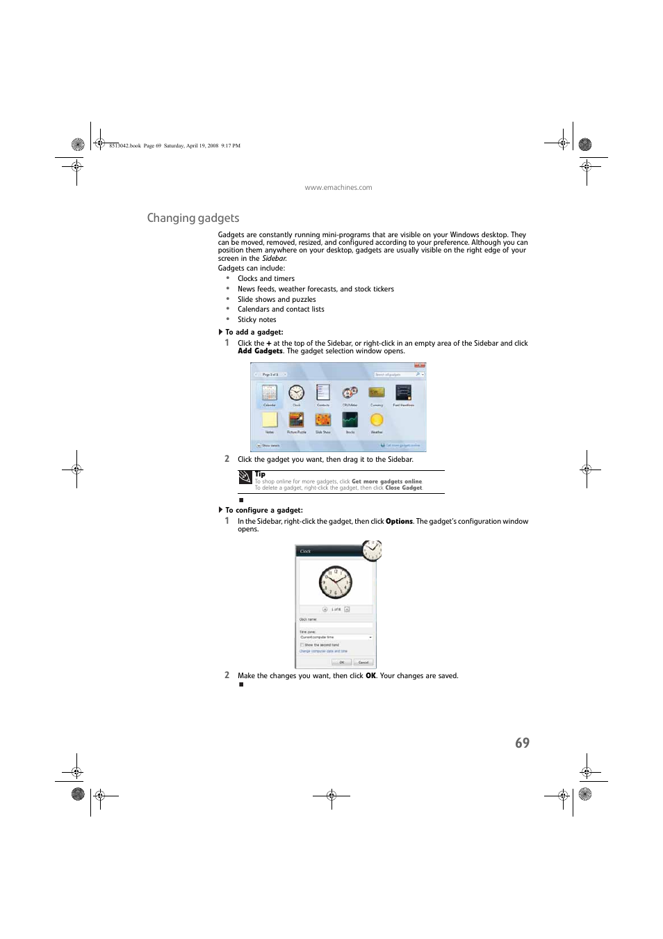 Changing gadgets, To add a gadget, To configure a gadget | eMachines 8513042 User Manual | Page 75 / 96