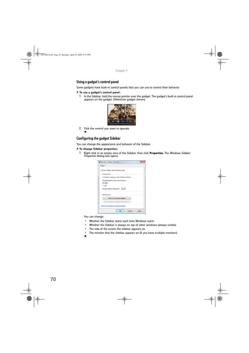 Using a gadget’s control panel, To use a gadget’s control panel, Configuring the gadget sidebar | To change sidebar properties | eMachines 8513042 User Manual | Page 76 / 96