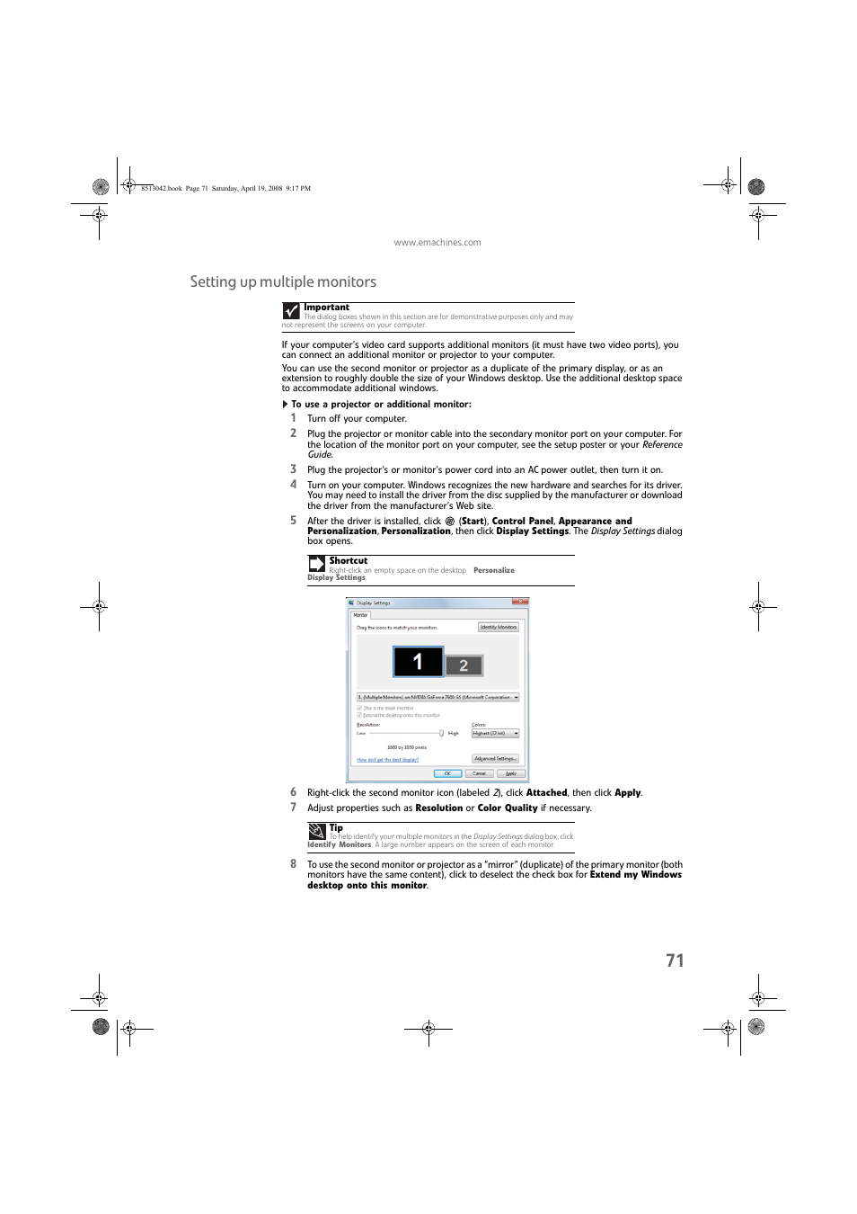 Setting up multiple monitors, To use a projector or additional monitor | eMachines 8513042 User Manual | Page 77 / 96