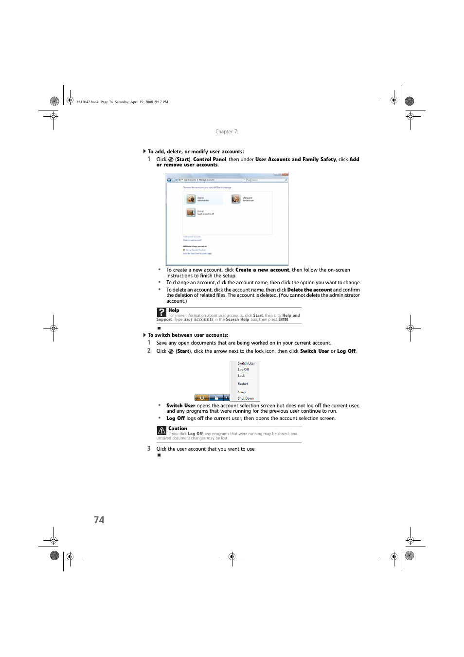 To add, delete, or modify user accounts, To switch between user accounts | eMachines 8513042 User Manual | Page 80 / 96