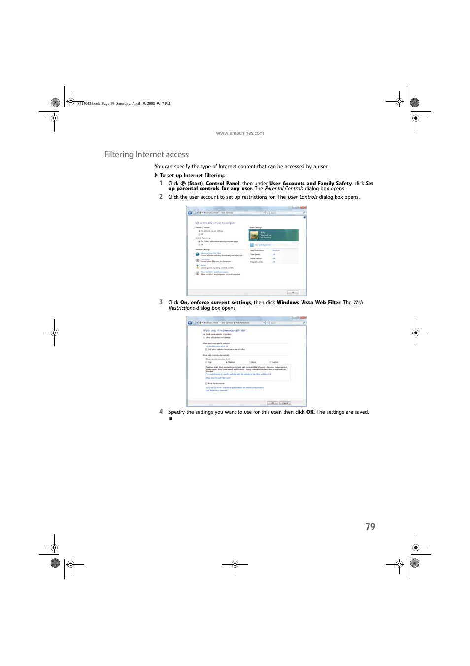 Filtering internet access, To set up internet filtering | eMachines 8513042 User Manual | Page 85 / 96