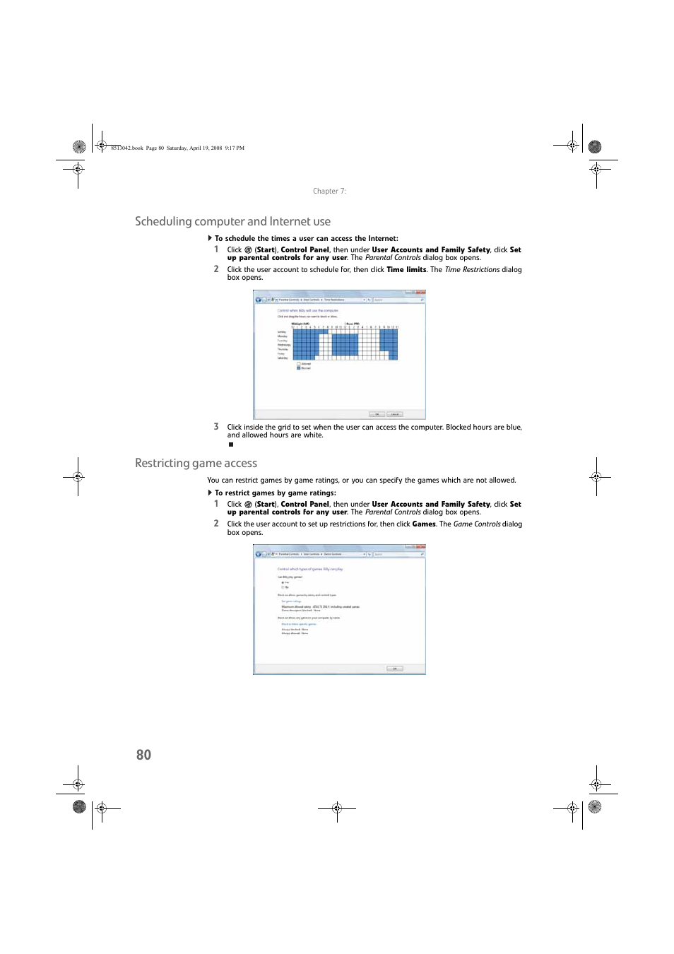 Scheduling computer and internet use, Restricting game access, To restrict games by game ratings | eMachines 8513042 User Manual | Page 86 / 96