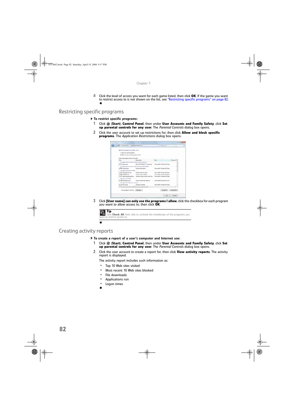 Restricting specific programs, To restrict specific programs, Creating activity reports | eMachines 8513042 User Manual | Page 88 / 96