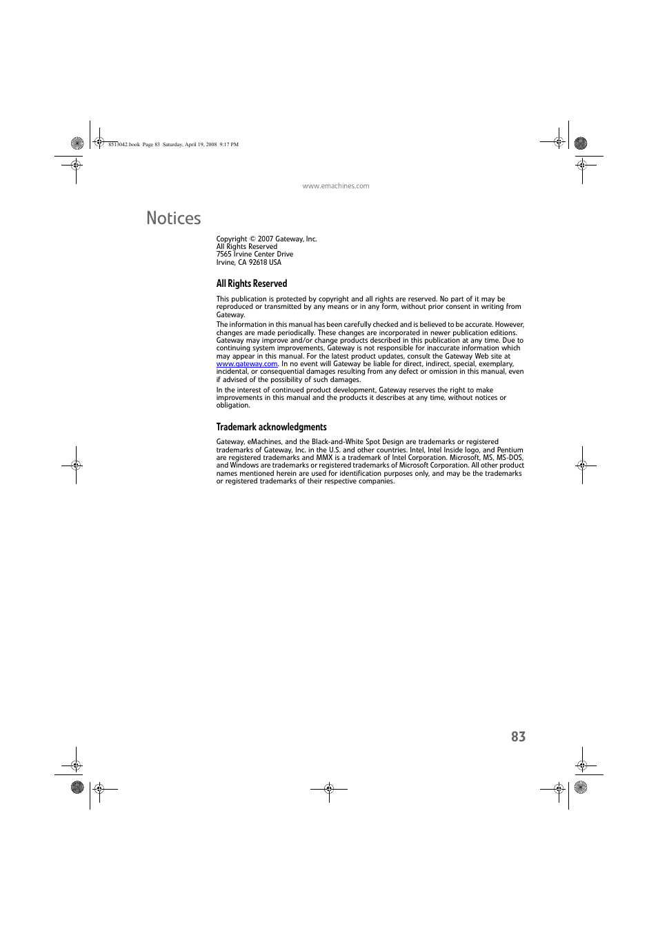 Notices, All rights reserved, Trademark acknowledgments | eMachines 8513042 User Manual | Page 89 / 96