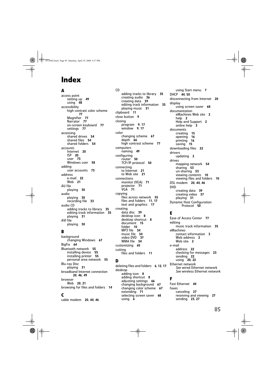 Index | eMachines 8513042 User Manual | Page 91 / 96