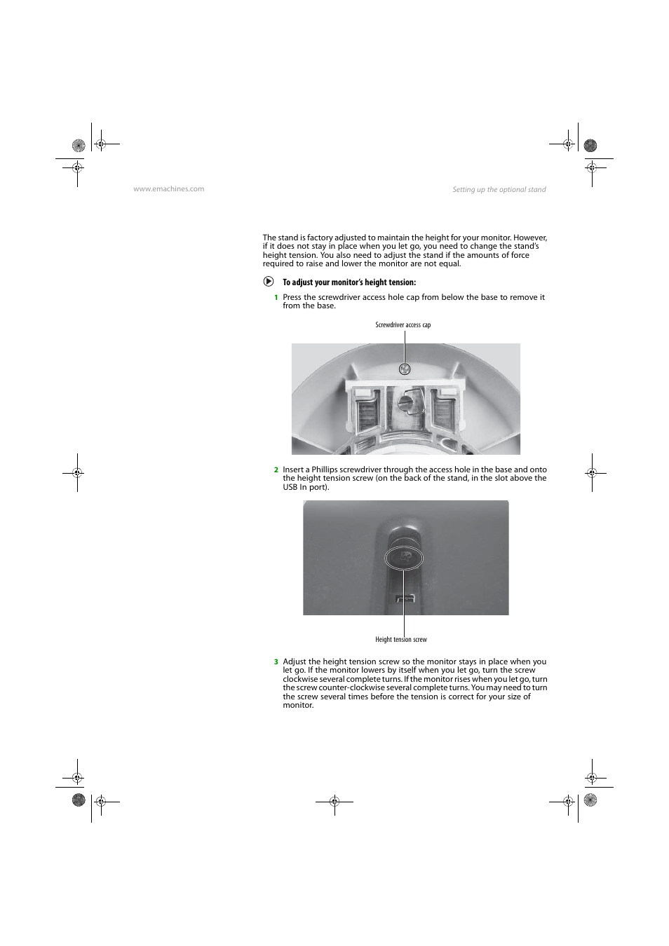 Adjusting monitor height tension, To adjust your monitor’s height tension | eMachines E17T4W User Manual | Page 11 / 36