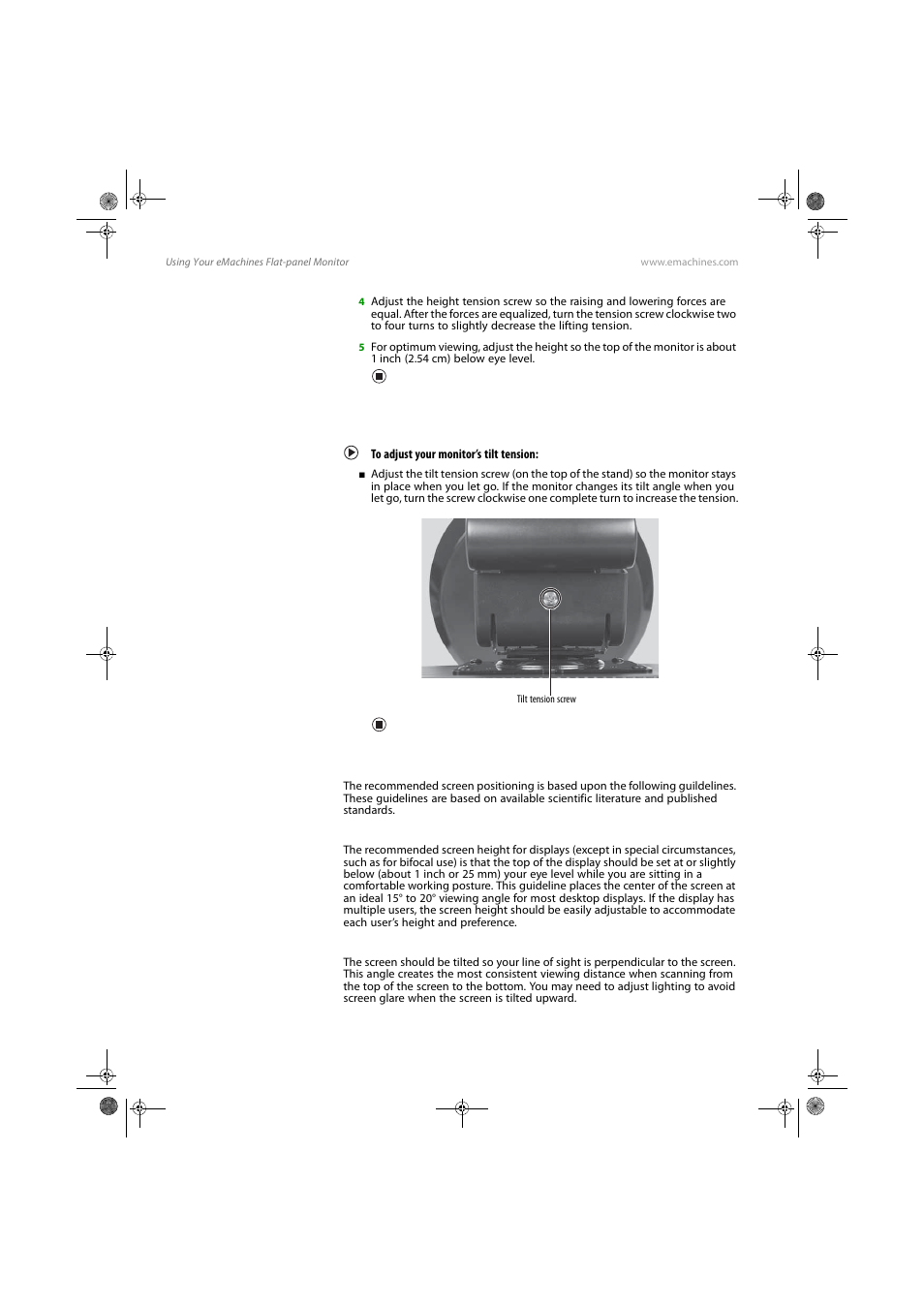 Adjusting monitor tilt tension, To adjust your monitor’s tilt tension, Ergonomic guidelines | Screen height, Screen tilt | eMachines E17T4W User Manual | Page 12 / 36