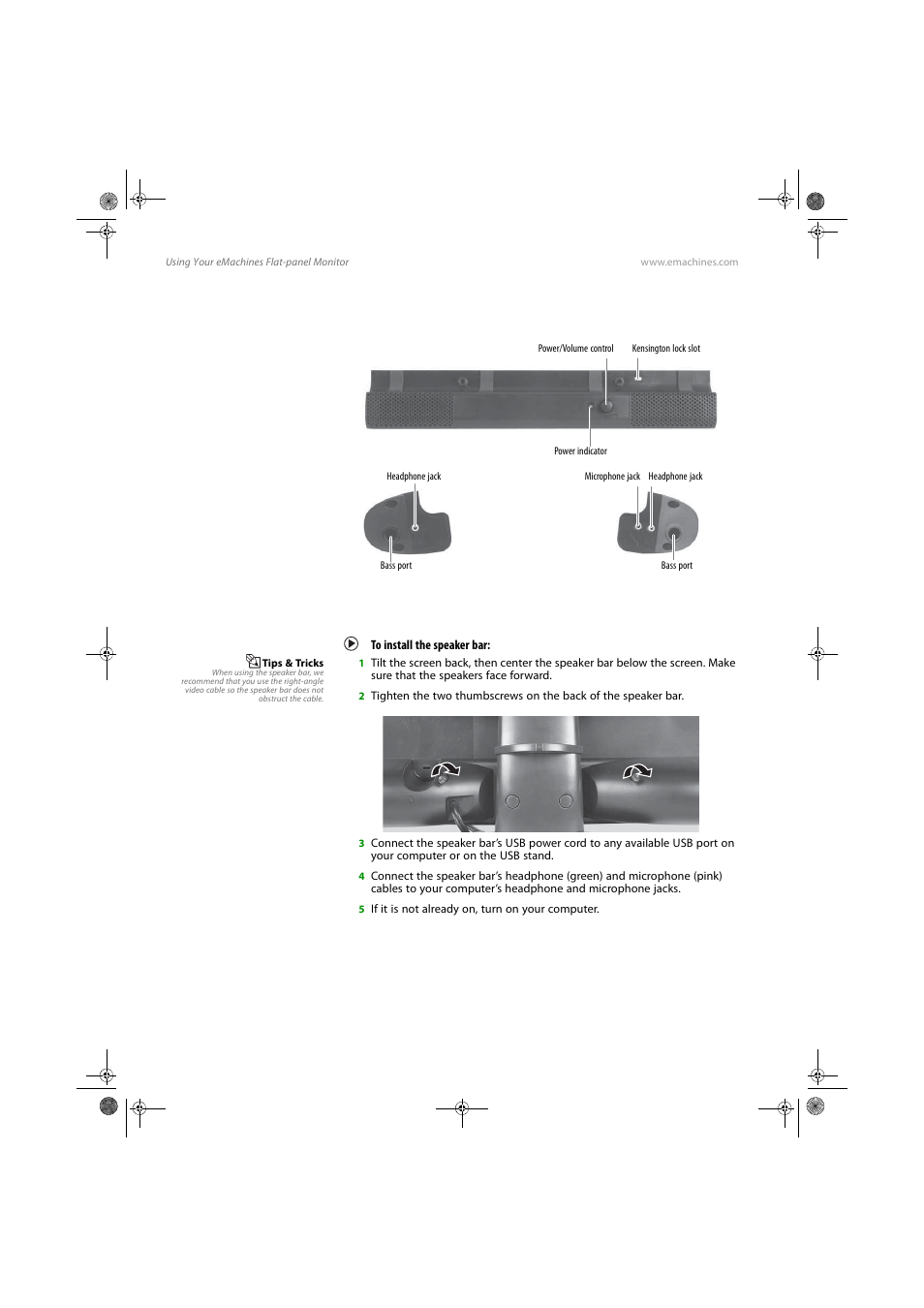 Setting up the optional speaker bar, Installing the speaker bar, To install the speaker bar | eMachines E17T4W User Manual | Page 14 / 36