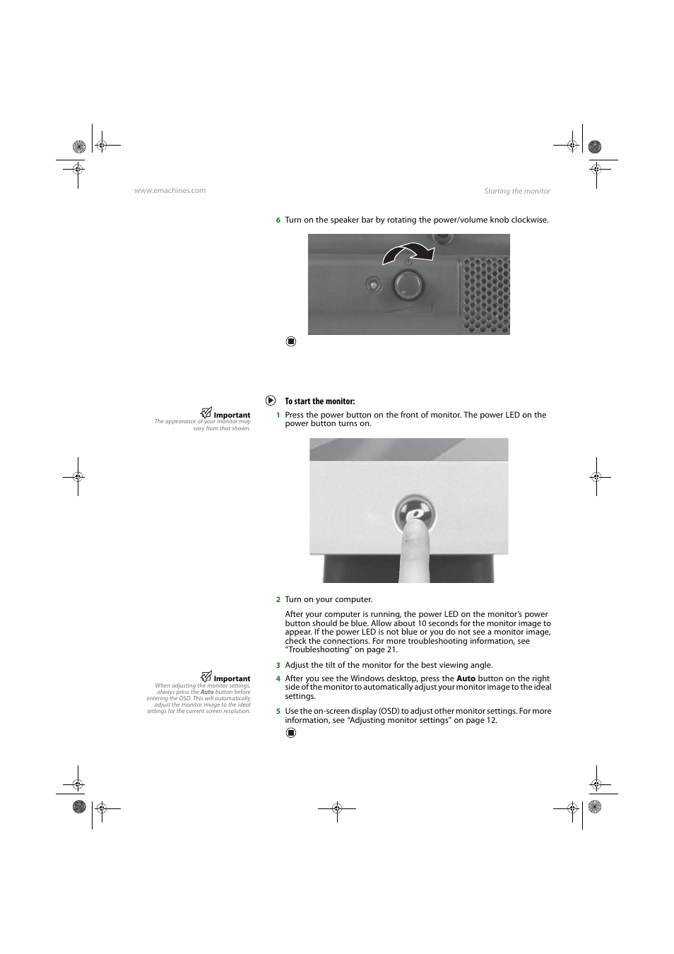 Starting the monitor, To start the monitor | eMachines E17T4W User Manual | Page 15 / 36