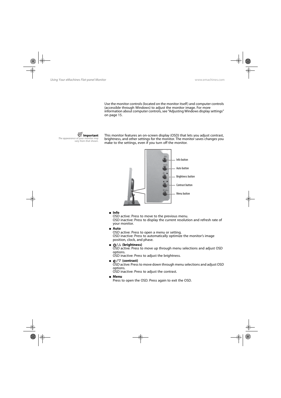 Adjusting monitor settings, Monitor buttons | eMachines E17T4W User Manual | Page 16 / 36