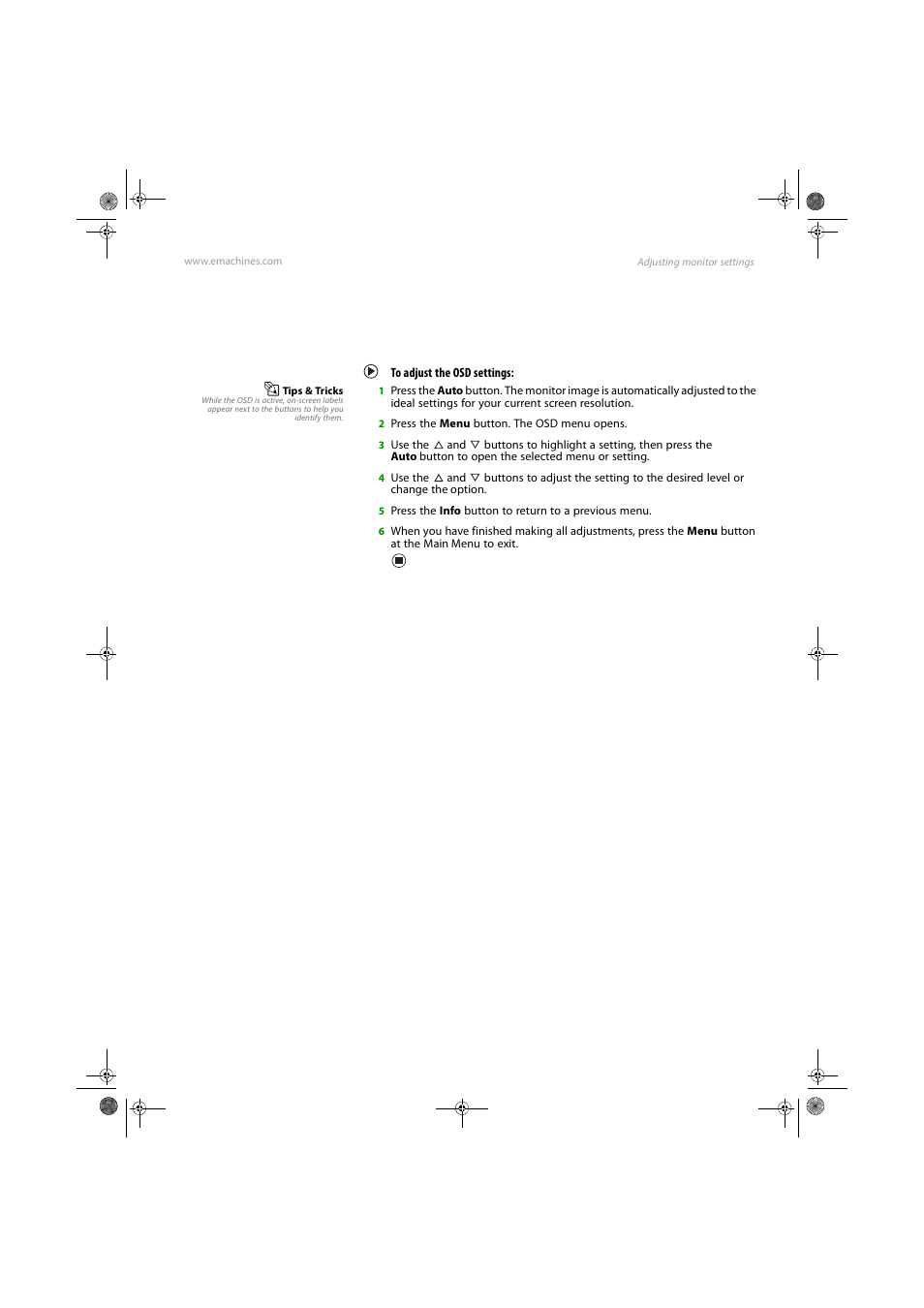 On-screen display options, Adjusting osd settings, To adjust the osd settings | eMachines E17T4W User Manual | Page 17 / 36