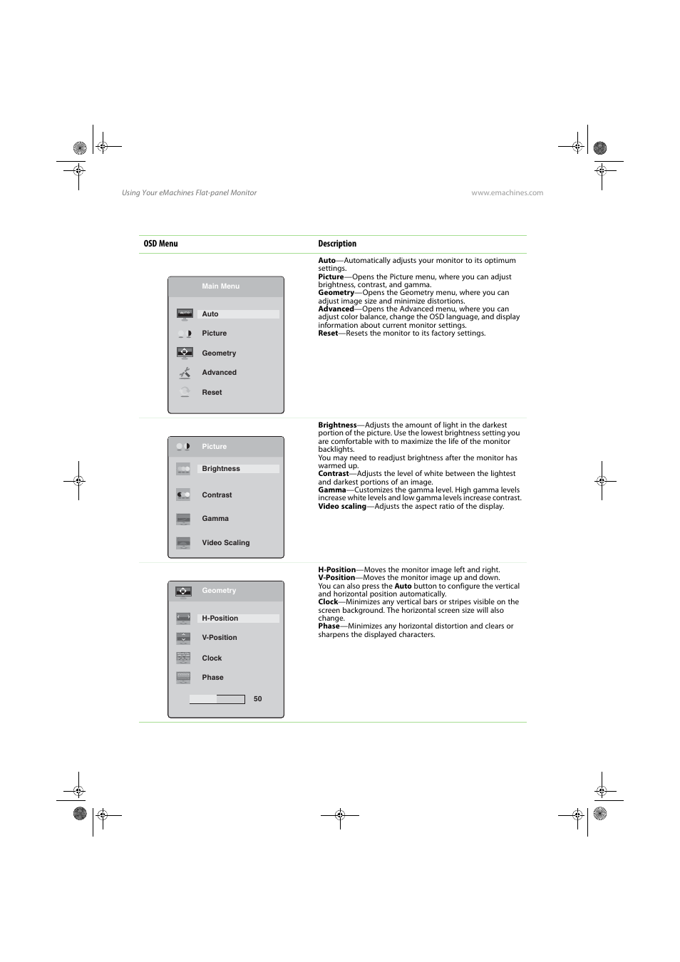 Osd menus, Main menu, Picture menu | Geometry menu | eMachines E17T4W User Manual | Page 18 / 36