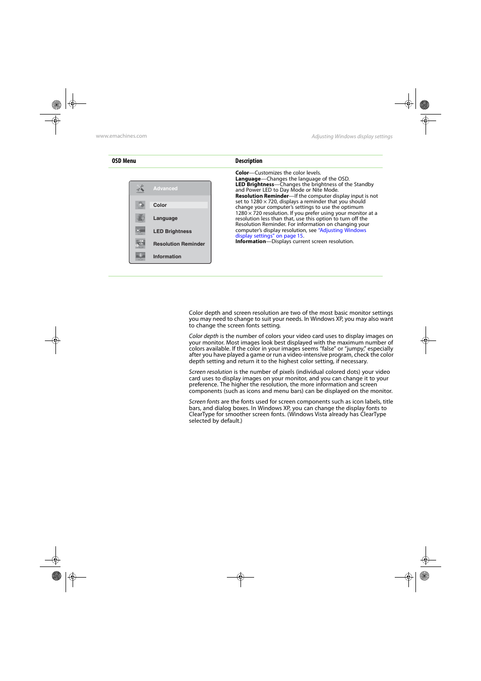 Advanced menu, Adjusting windows display settings | eMachines E17T4W User Manual | Page 19 / 36