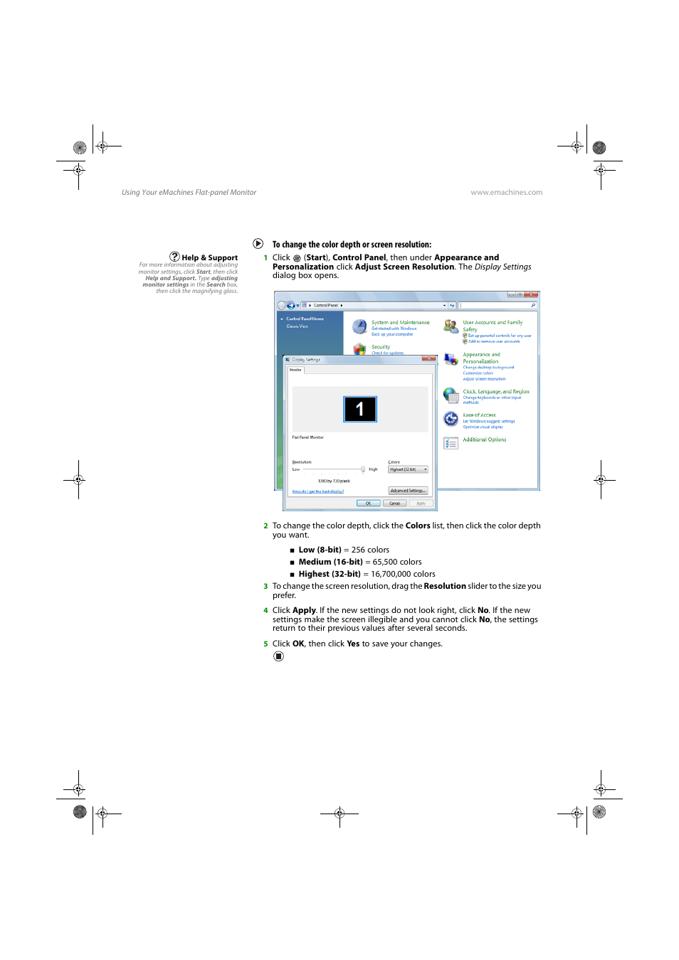 Changing settings in windowsvista, To change the color depth or screen resolution, Changing settings in windows vista | eMachines E17T4W User Manual | Page 20 / 36