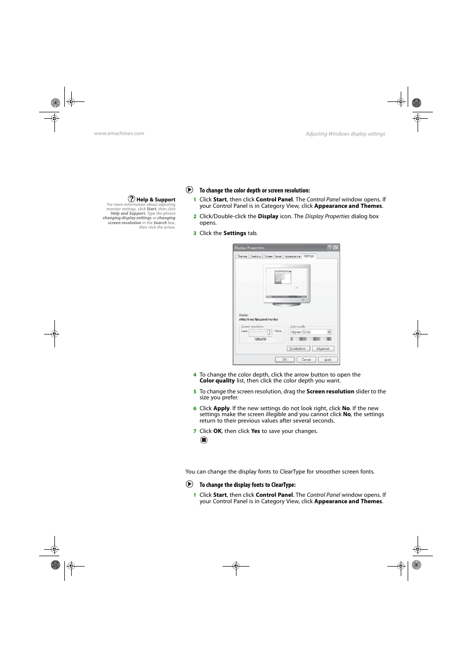 Changing settings in windowsxp, Changing the color depth or screen resolution, To change the color depth or screen resolution | Clarifying screen fonts, To change the display fonts to cleartype, Changing settings in windows xp | eMachines E17T4W User Manual | Page 21 / 36