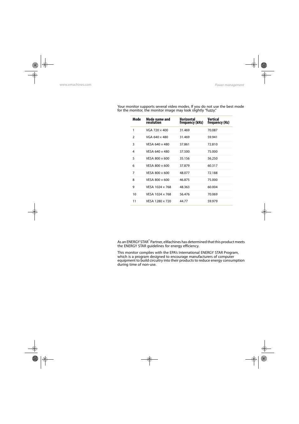 Video modes, Power management, Energy star | eMachines E17T4W User Manual | Page 23 / 36