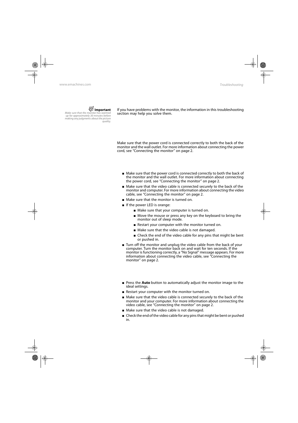 Troubleshooting, No power, No picture | Monitor colors are wrong, No power no picture monitor colors are wrong | eMachines E17T4W User Manual | Page 25 / 36