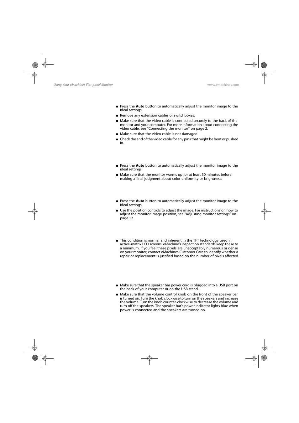 Picture has shadows or “ghosts, Color is not uniform, Image is not sized or centered correctly | Speaker bar does not work | eMachines E17T4W User Manual | Page 26 / 36