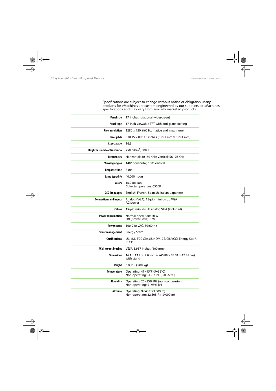 Specifications | eMachines E17T4W User Manual | Page 28 / 36