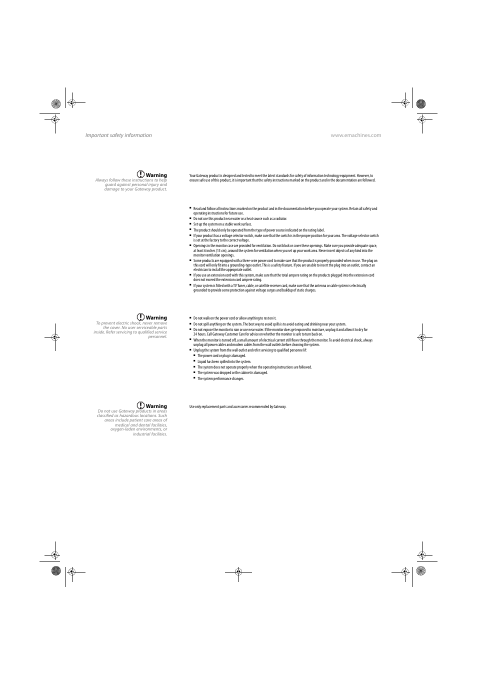 Important safety information, Setting up your system, Care during use | Replacement parts and accessories | eMachines E17T4W User Manual | Page 30 / 36