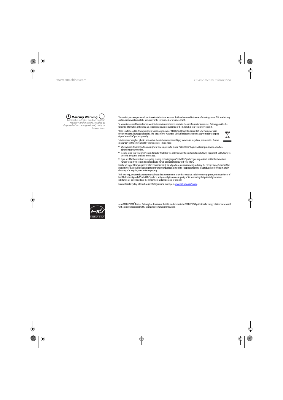 Recycling, Epa energy star, Recycling epa energy star | Environmental information | eMachines E17T4W User Manual | Page 31 / 36