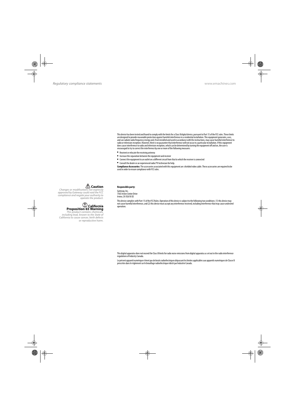 Regulatory compliance statements, United states of america, Canada | eMachines E17T4W User Manual | Page 32 / 36